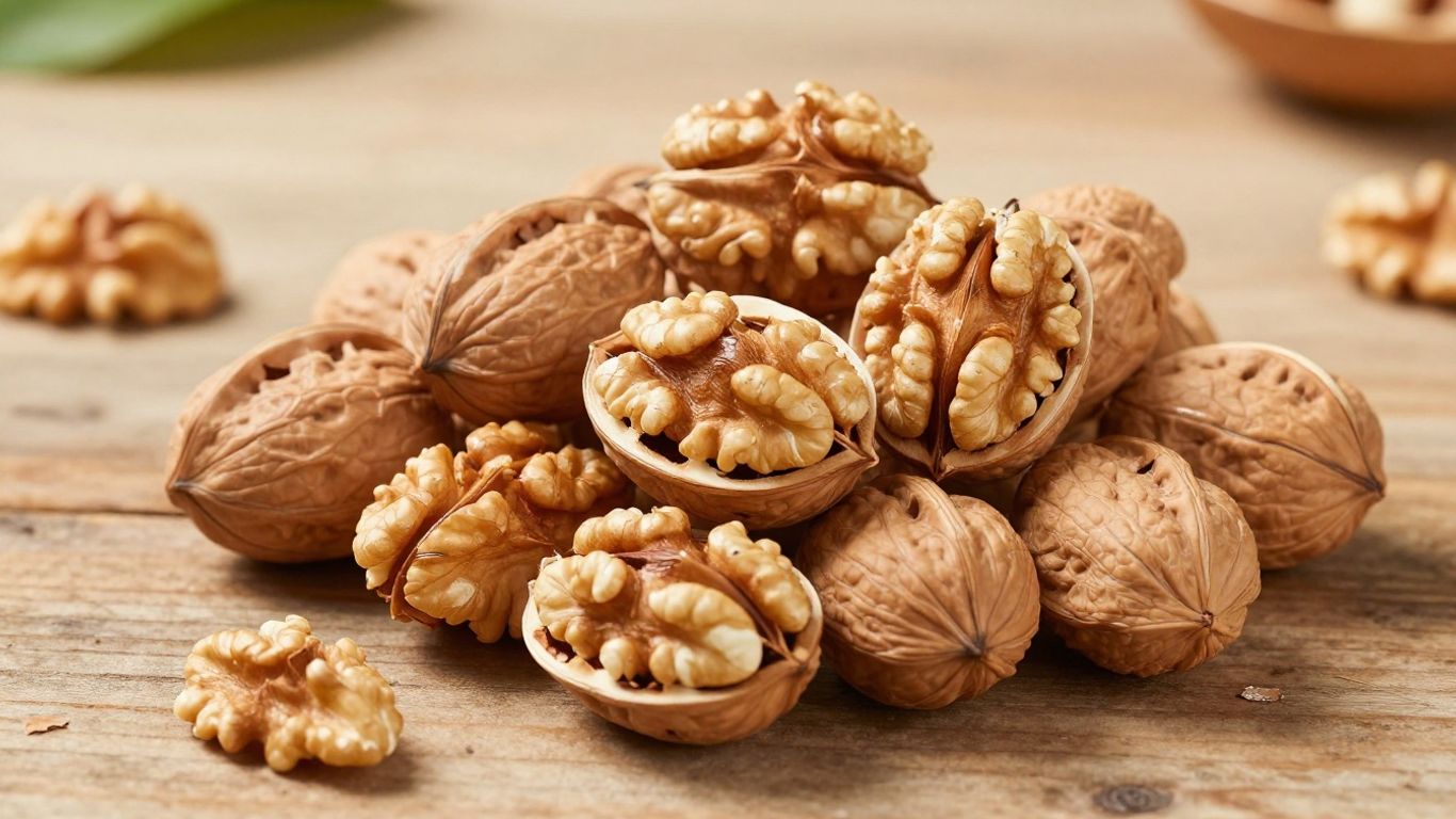 Pile of whole and cracked walnuts on a wooden surface.