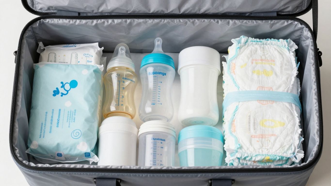 Neatly organized diaper bag with baby essentials and cleanup tools.