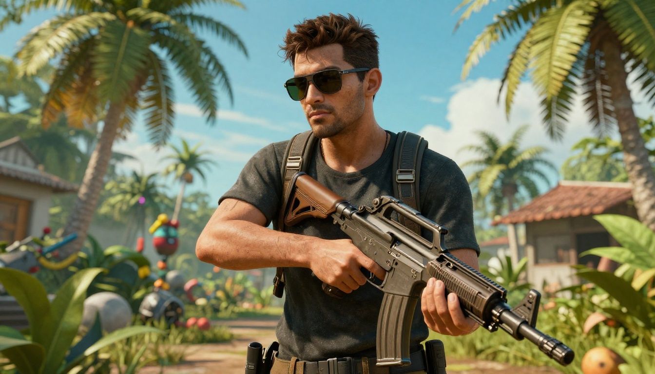 Um jogador de elite pronto para a batalha no Free Fire em um ambiente tropical vibrante