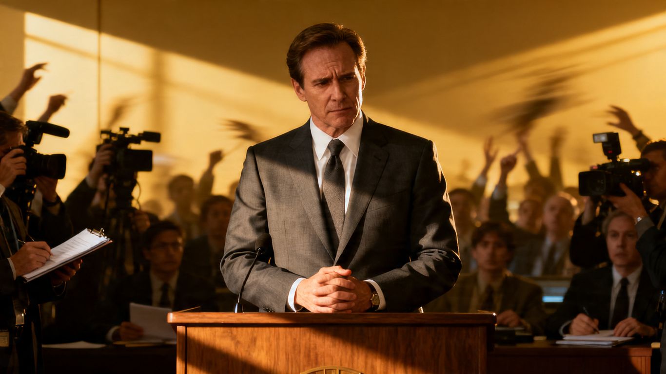 CEO at podium during a PR crisis.