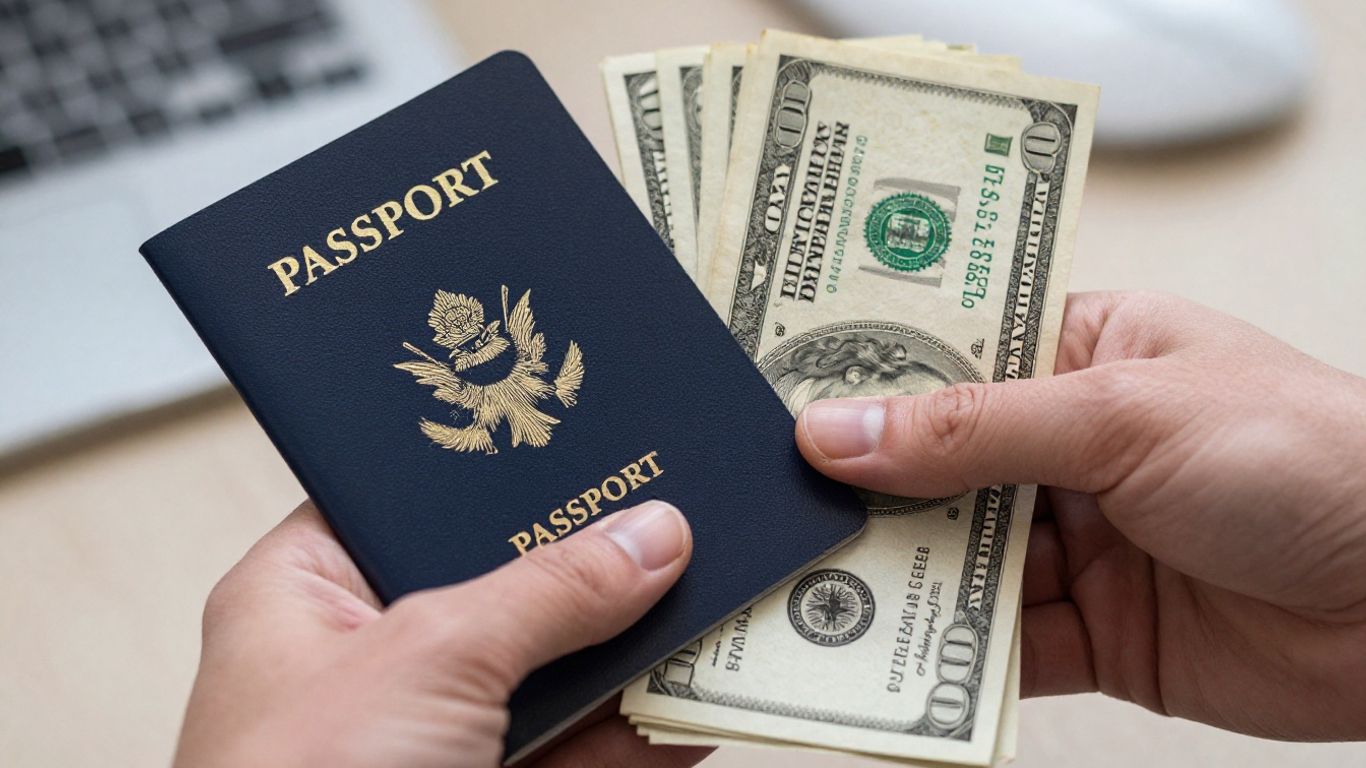 Pasaporte estadounidense y billetes de dólar estadounidense.