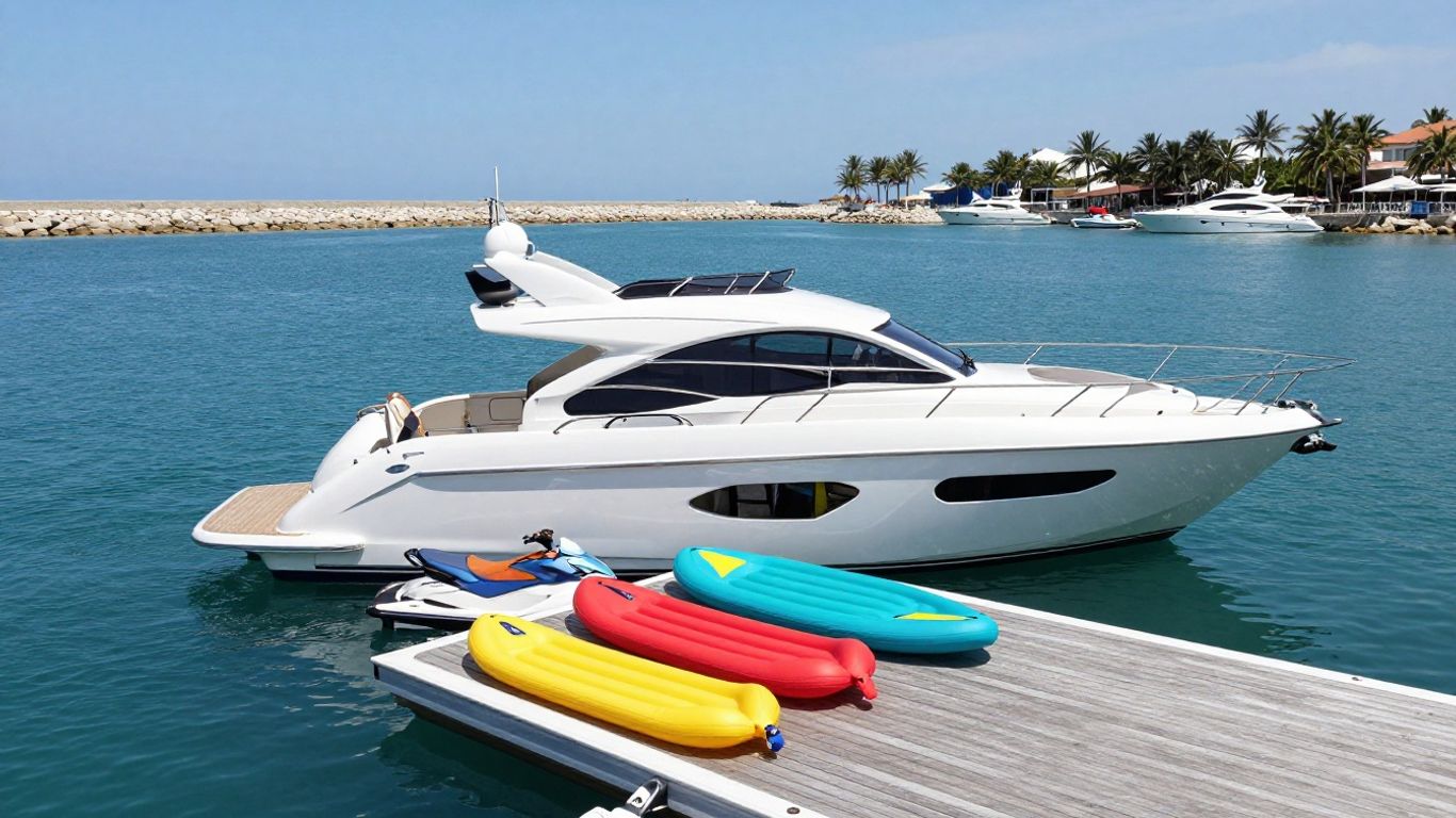 A motor yacht carrying an extensive collection of water toys.