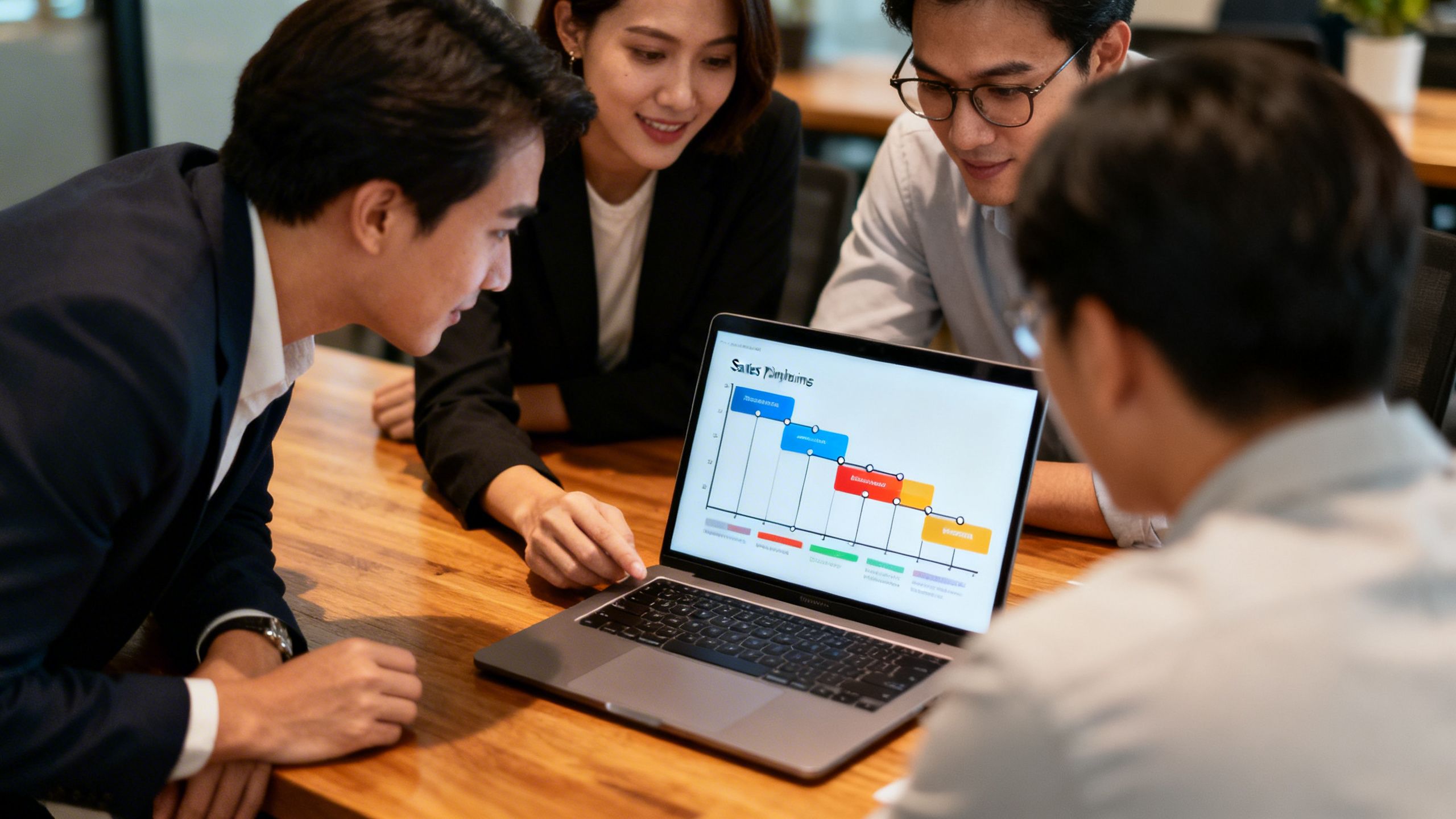 A small team of professionals collaborating around a desk, looking at a laptop screen displaying a visual sales pipeline chart.