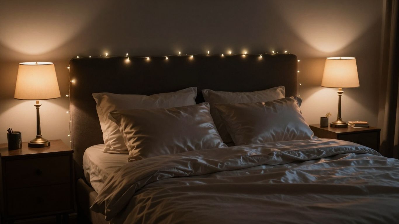 Romantic bedroom with soft lighting and elegant decor.