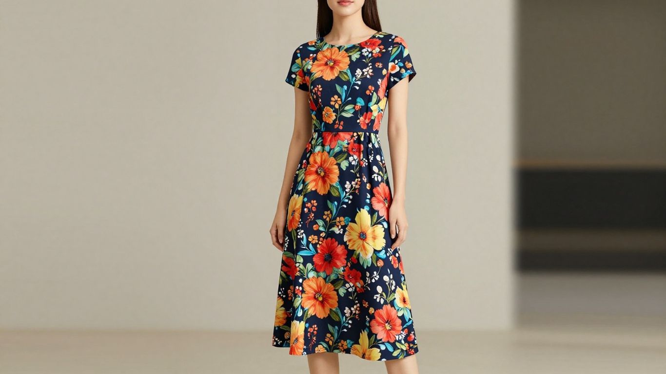 Woman in a chic floral midi dress.