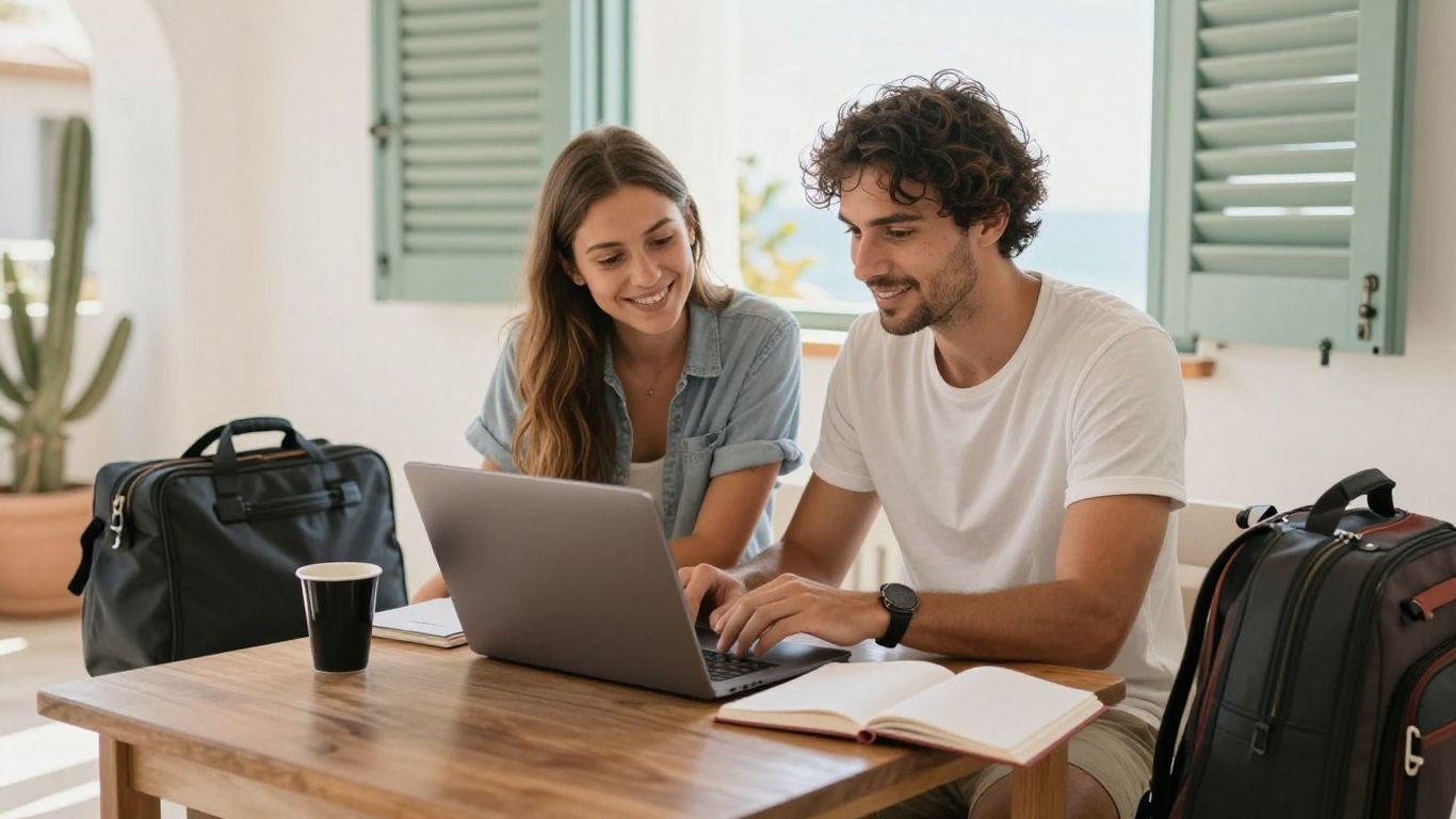 Voyageurs comparant des hôtels sur ordinateur