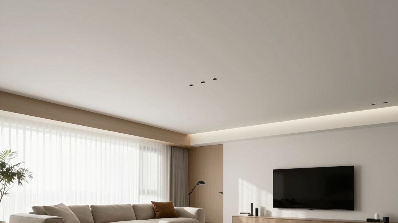 Modern living room with a white acoustic stretch ceiling.