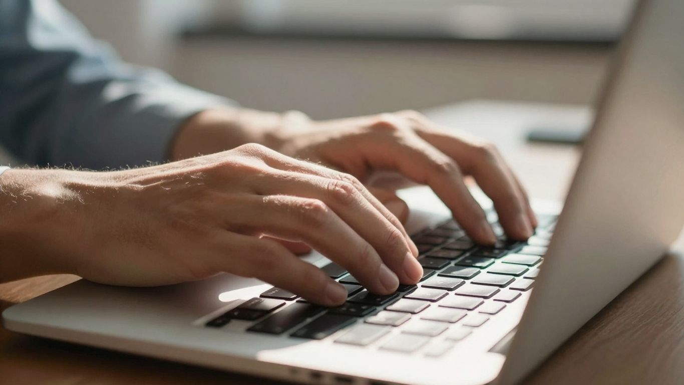Ruce píšící na klávesnici notebooku.