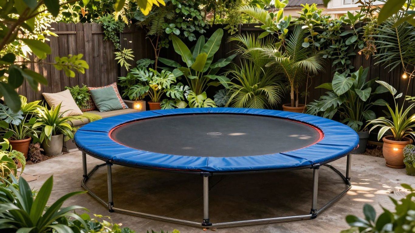 Trampoline transformed into a cozy outdoor oasis with plants and lighting.