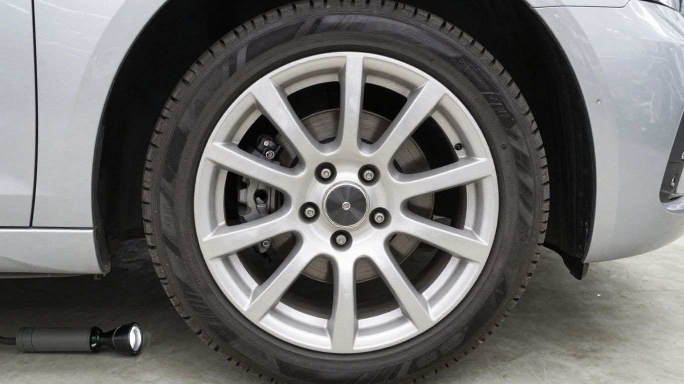 Close view of Mercedes wheel and brake assembly