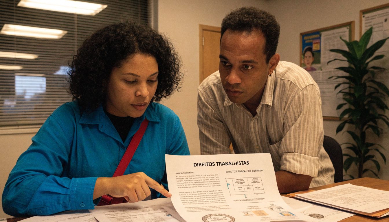 Trabalhadora e trabalhador brasileiros consultam documentos sobre direitos trabalhistas em um ambiente profissional