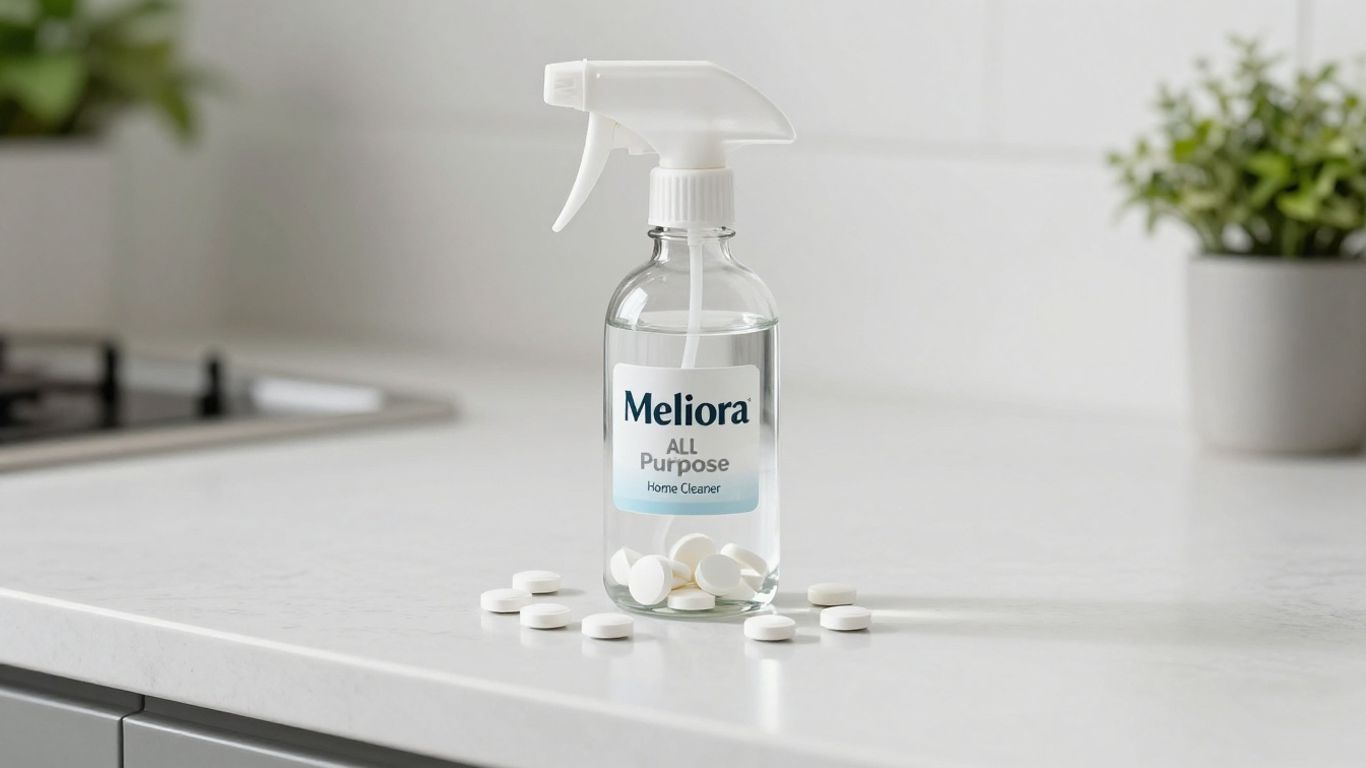 Meliora cleaning tablets dissolving in a spray bottle.