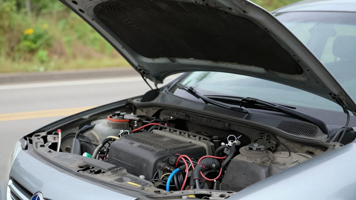 Car broken down on roadside due to electrical failure.
