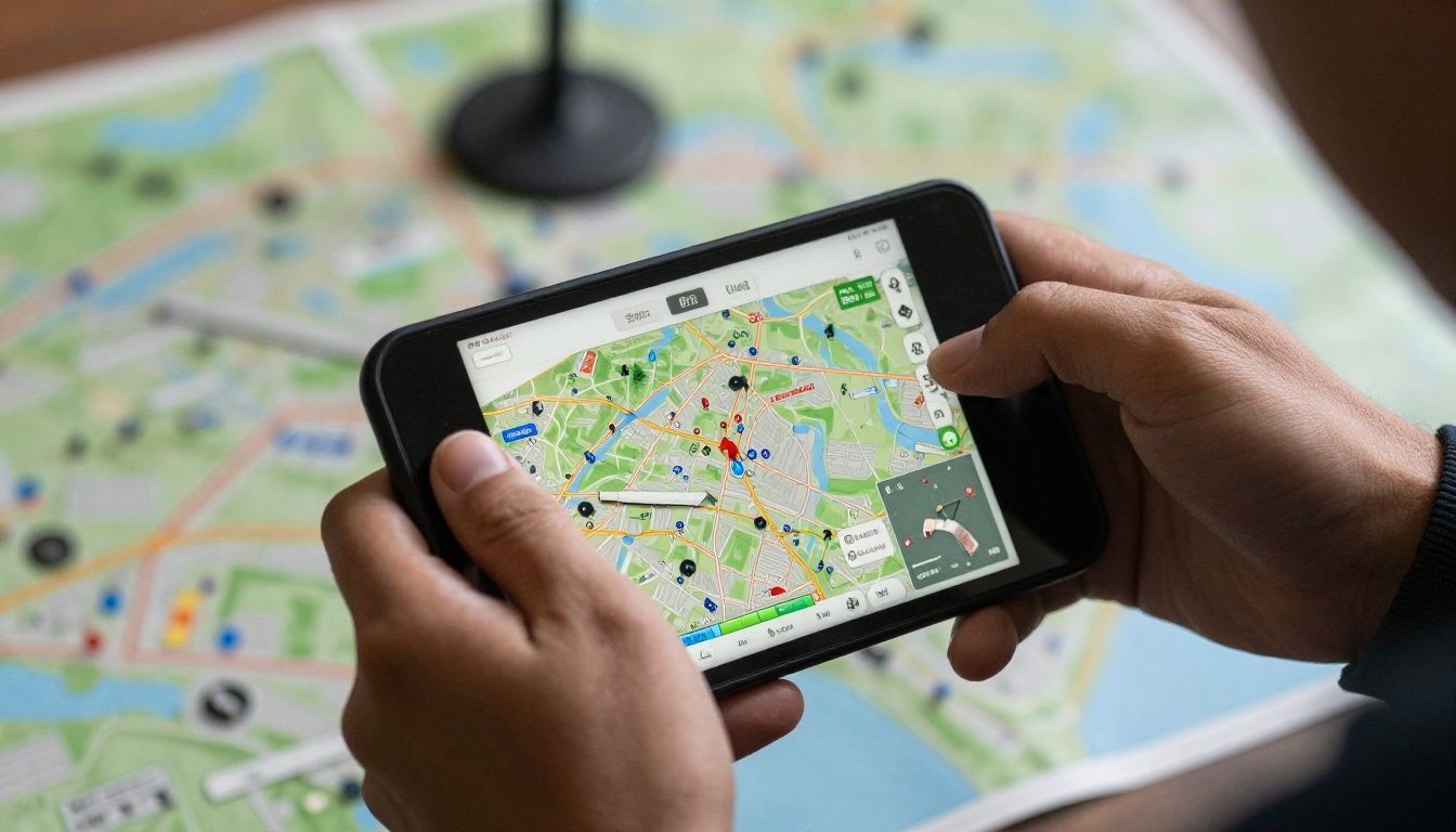 Um jogador focado na tela do celular com reflexo de um mapa de jogo digital