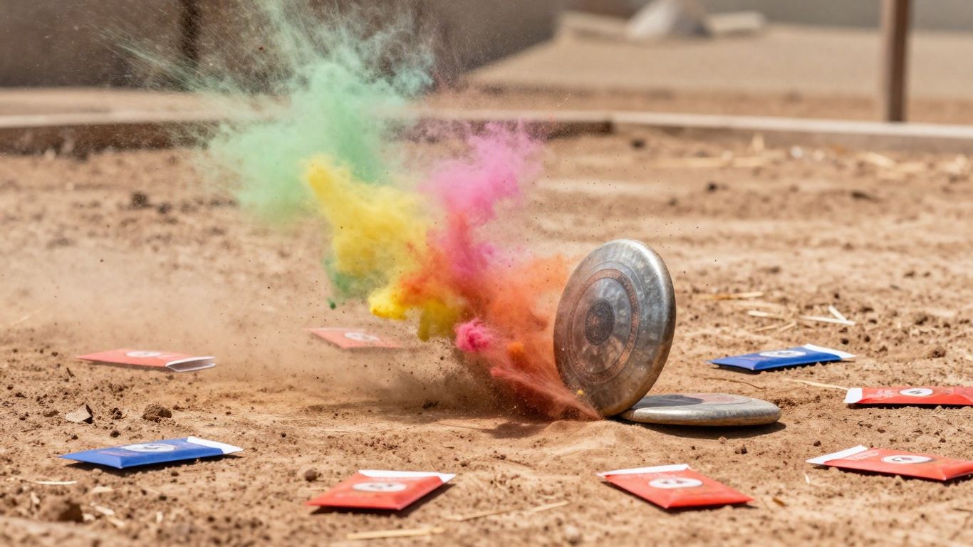 Player throws tejo disc, causing gunpowder explosion on target.
