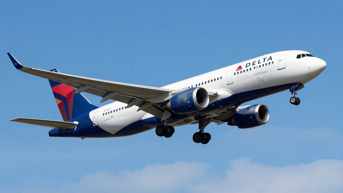 Delta airplane flying in a blue sky.
