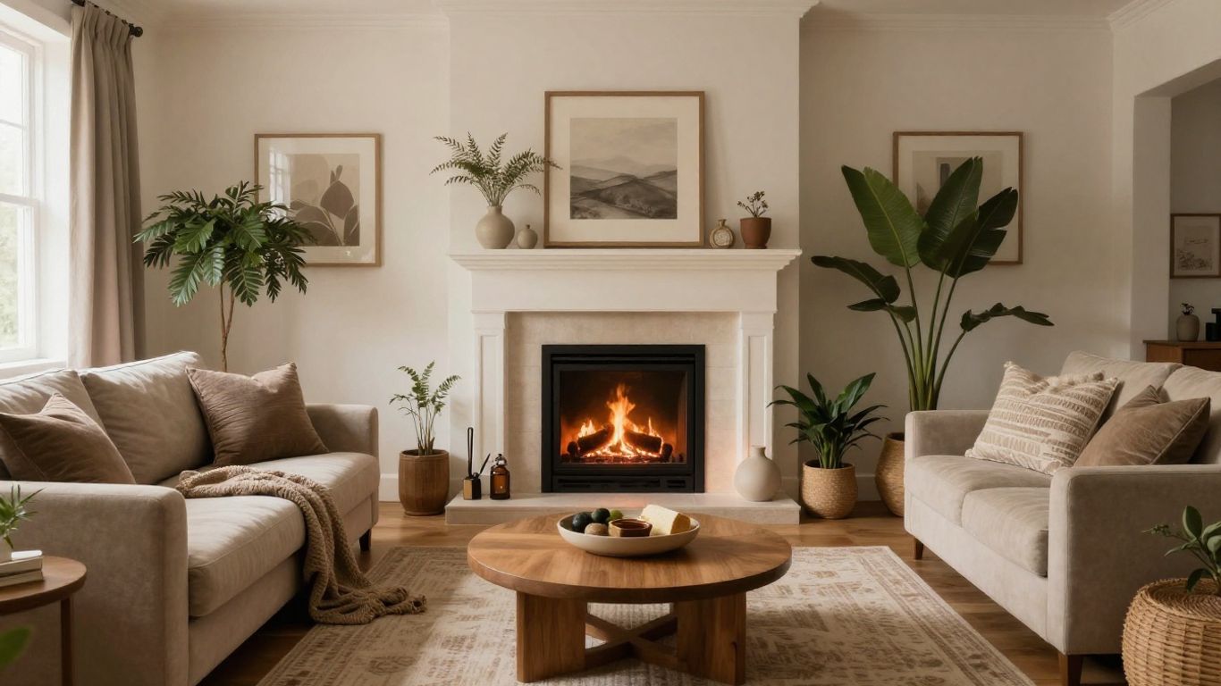 Cozy living room with fireplace and soft lighting.