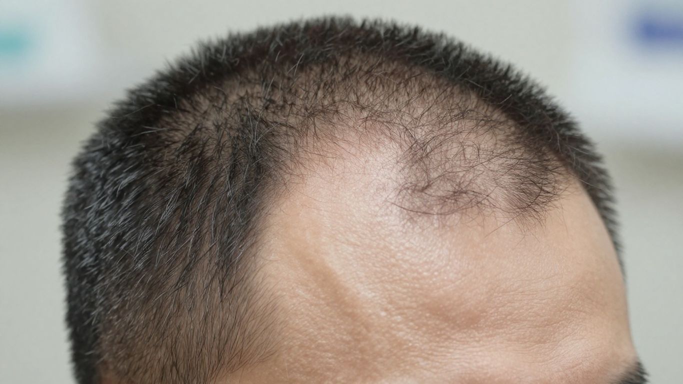 Man's scalp with healthy hair follicles.