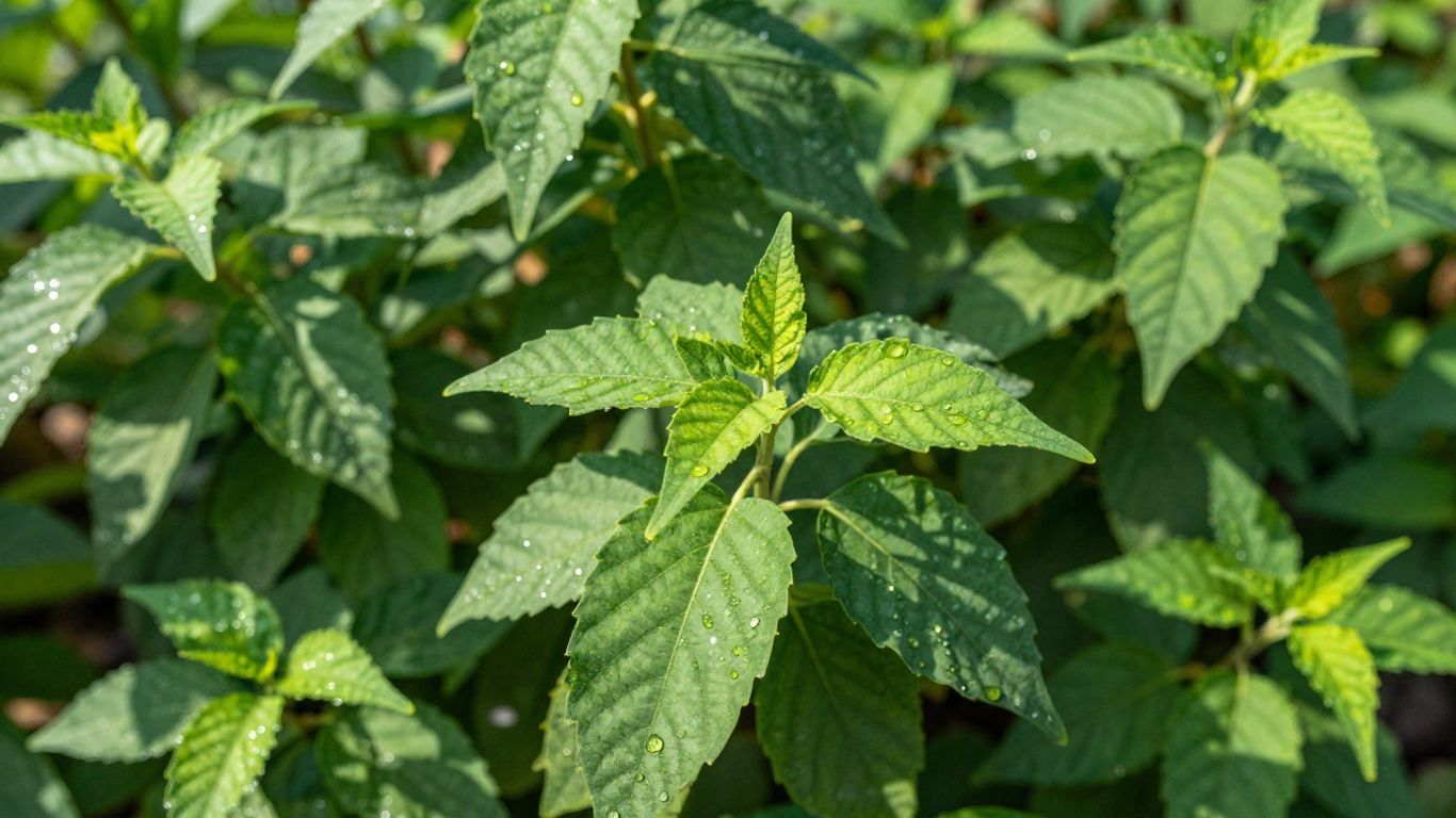 Patchouli leaves in a lush Indonesian plantation