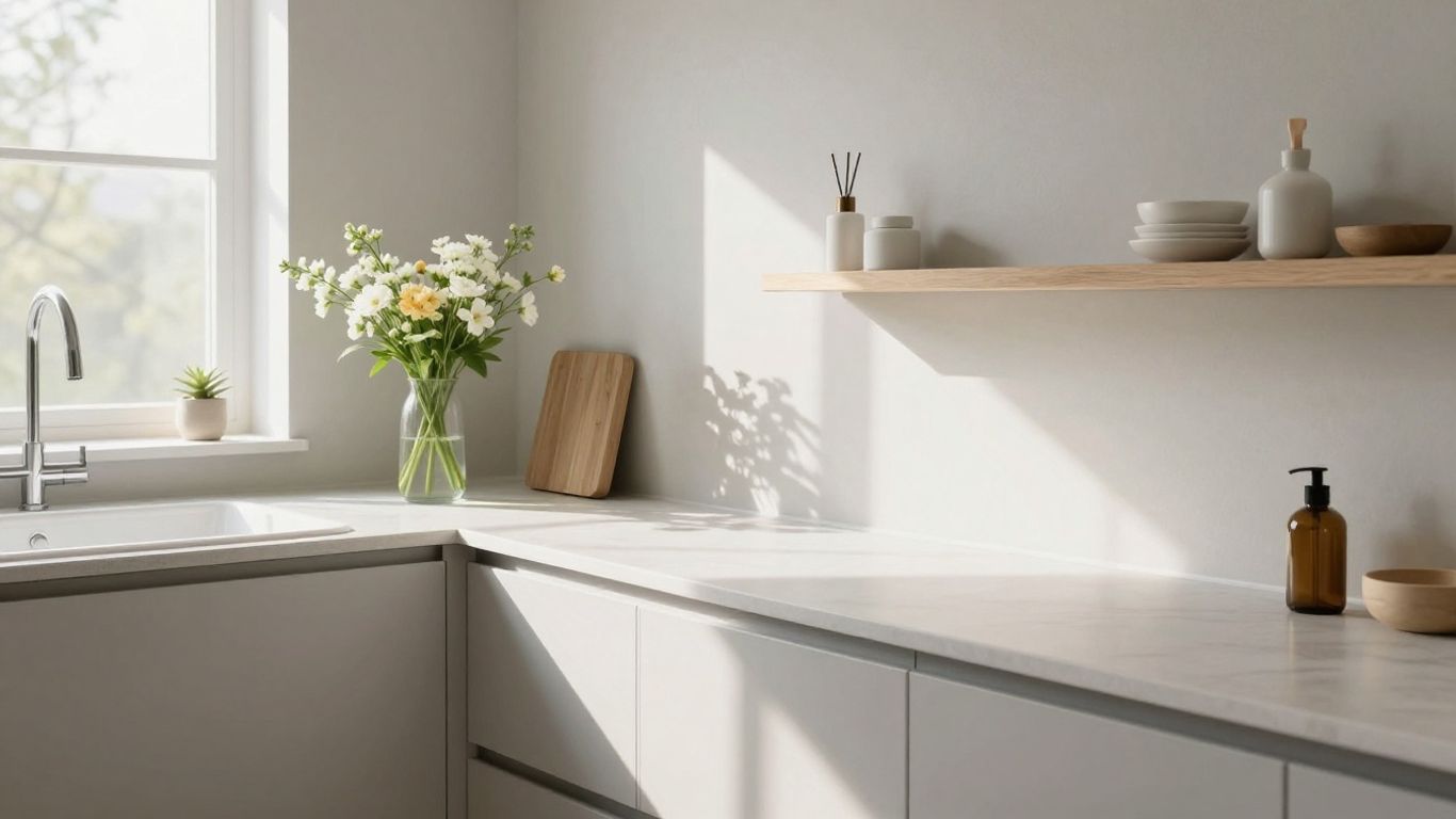 Hypoallergenic kitchen and bath materials with spring flowers.