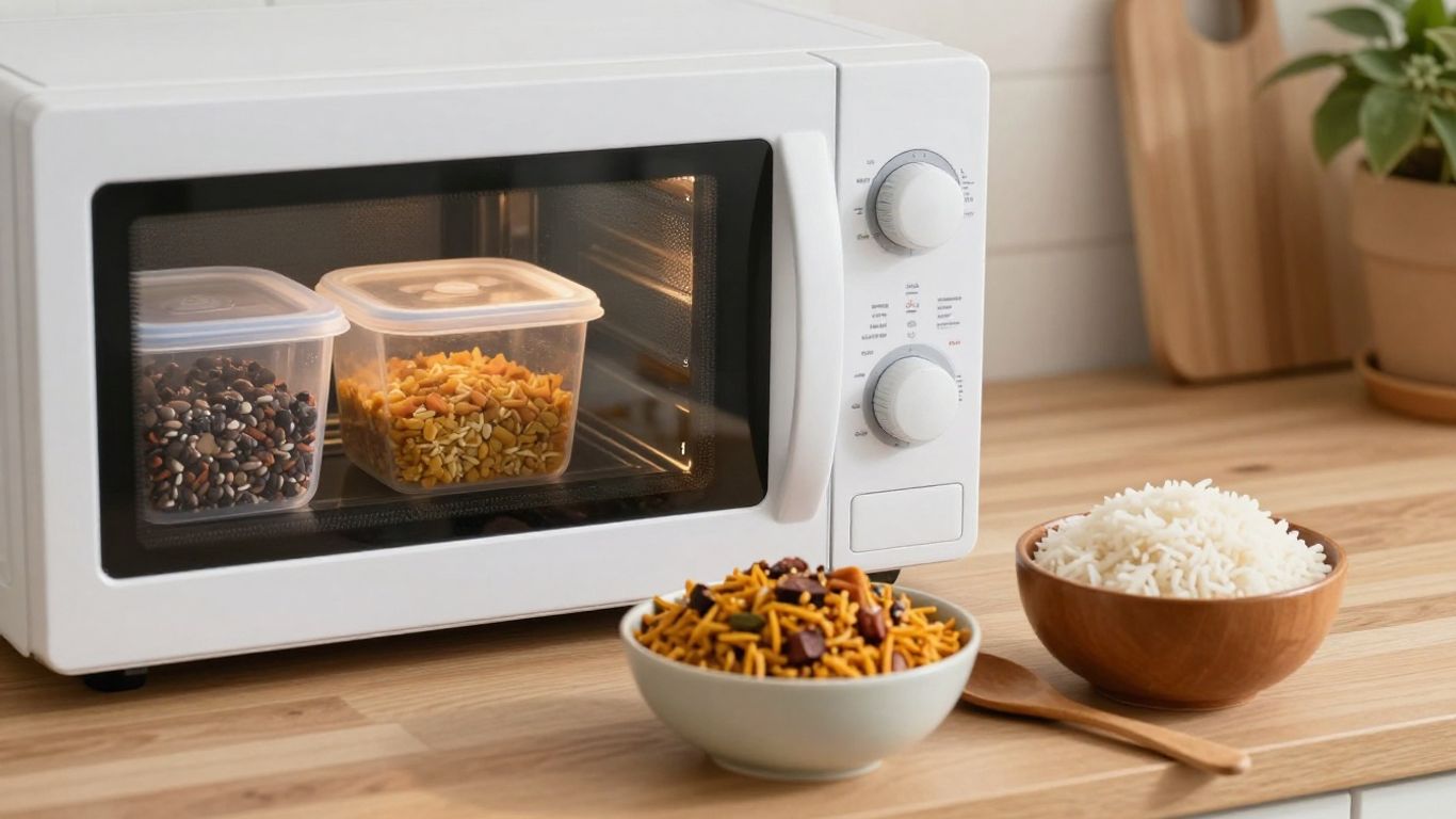 Frozen Indian meal portions beside a microwave