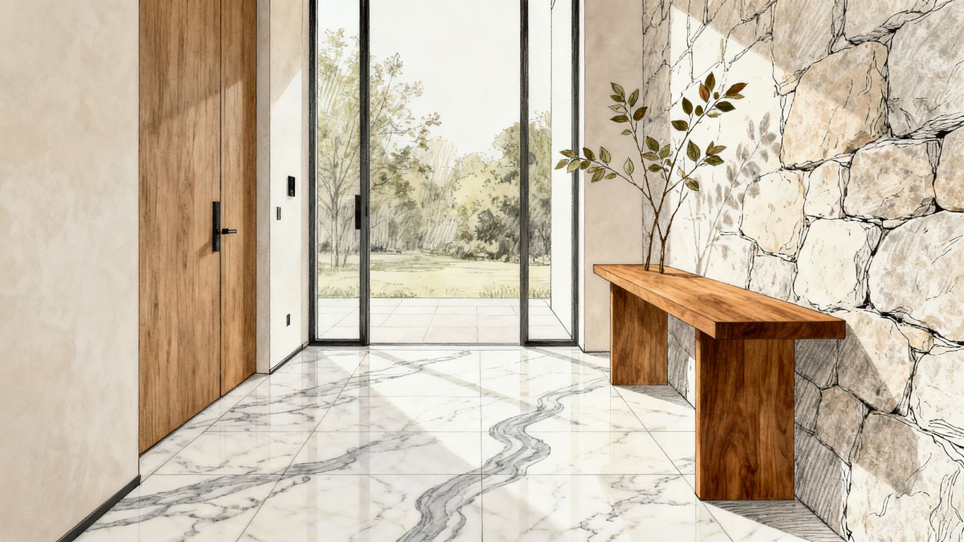 Natural marble tiles with flowing gray veining