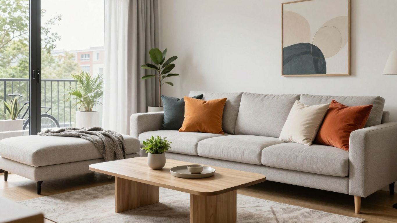 Modern apartment living room with stylish furniture and natural light.