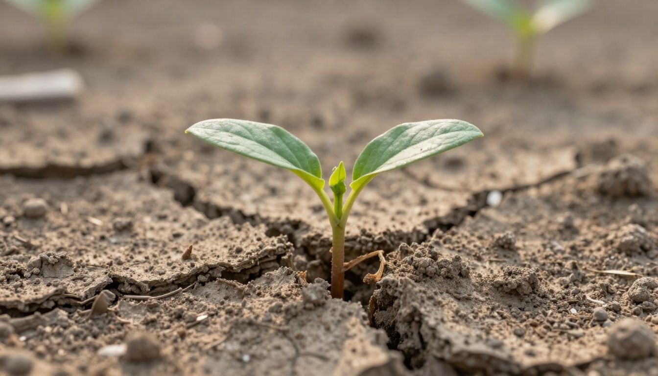 A single, resilient green plant sprout pushing through a crack in dry, barren ground, with soft morning light illuminating it.