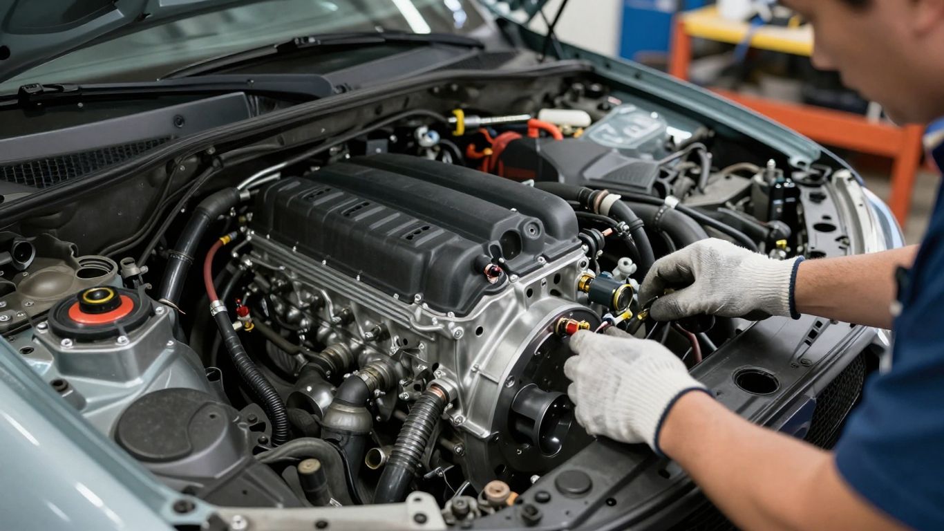 Mechanic preparing an engine hoist in workshop