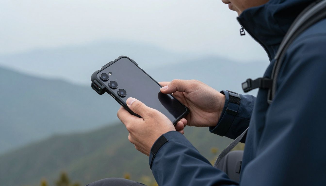A person hiking in the Blue Mountains, carefully checking their Galaxy S23 Ultra in a rugged case.