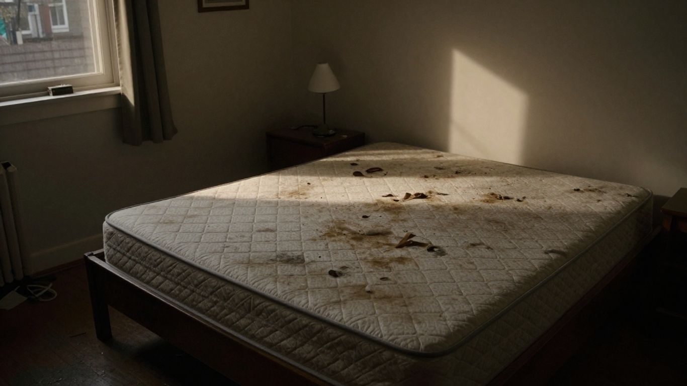 Messy Airbnb room with a stained mattress and dim lighting.