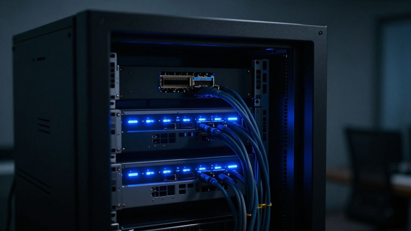 Serwer w centrum danych z niebieskimi światłami.