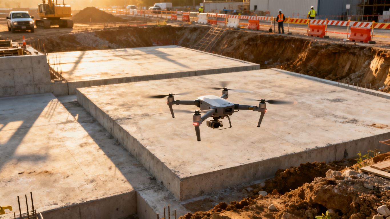 Survey drone flying above an active construction site