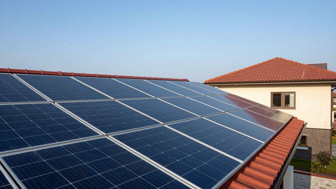 Солнечные панели на крыше дома под солнцем.