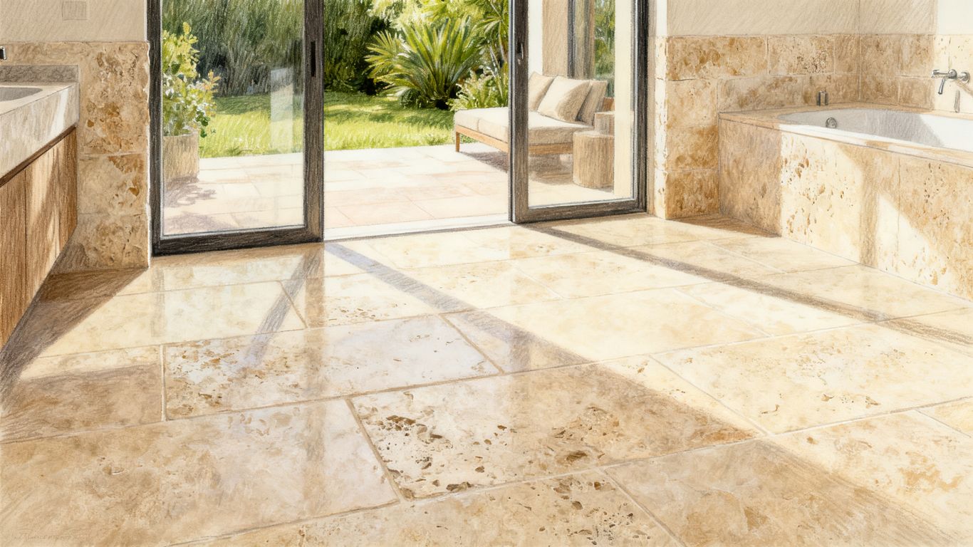 Travertine tile in a bathroom and patio setting