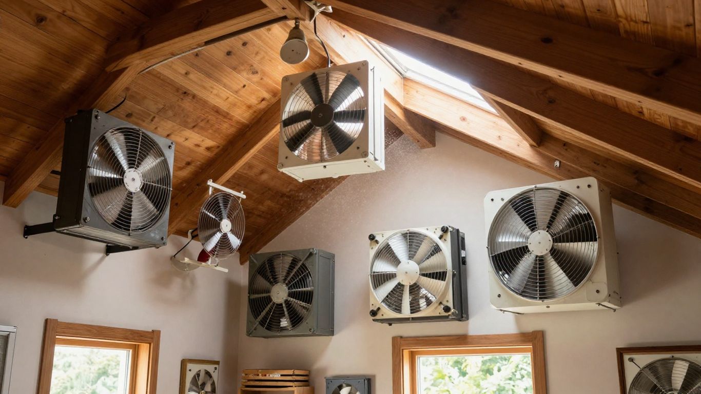 Various attic fans installed in a home attic.