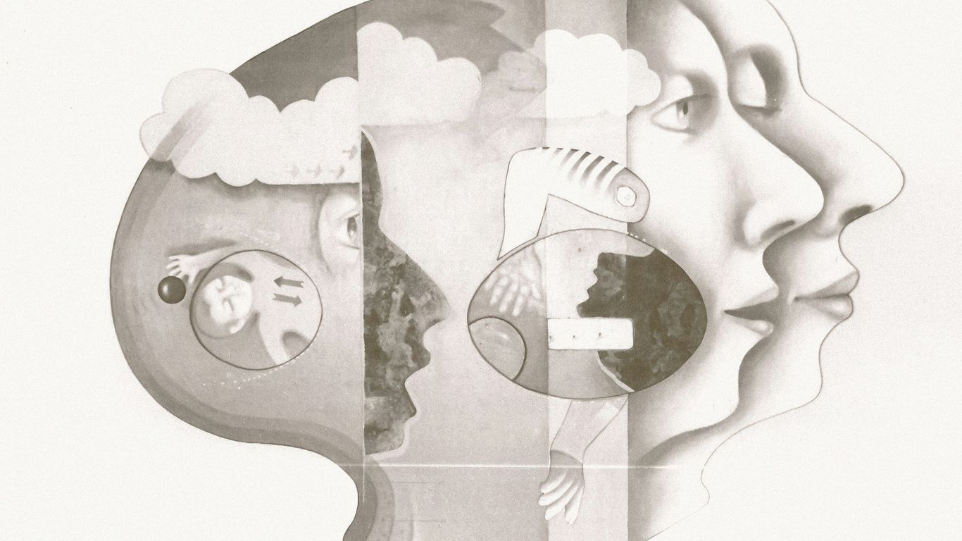 Surreal profile of faces and abstract elements.