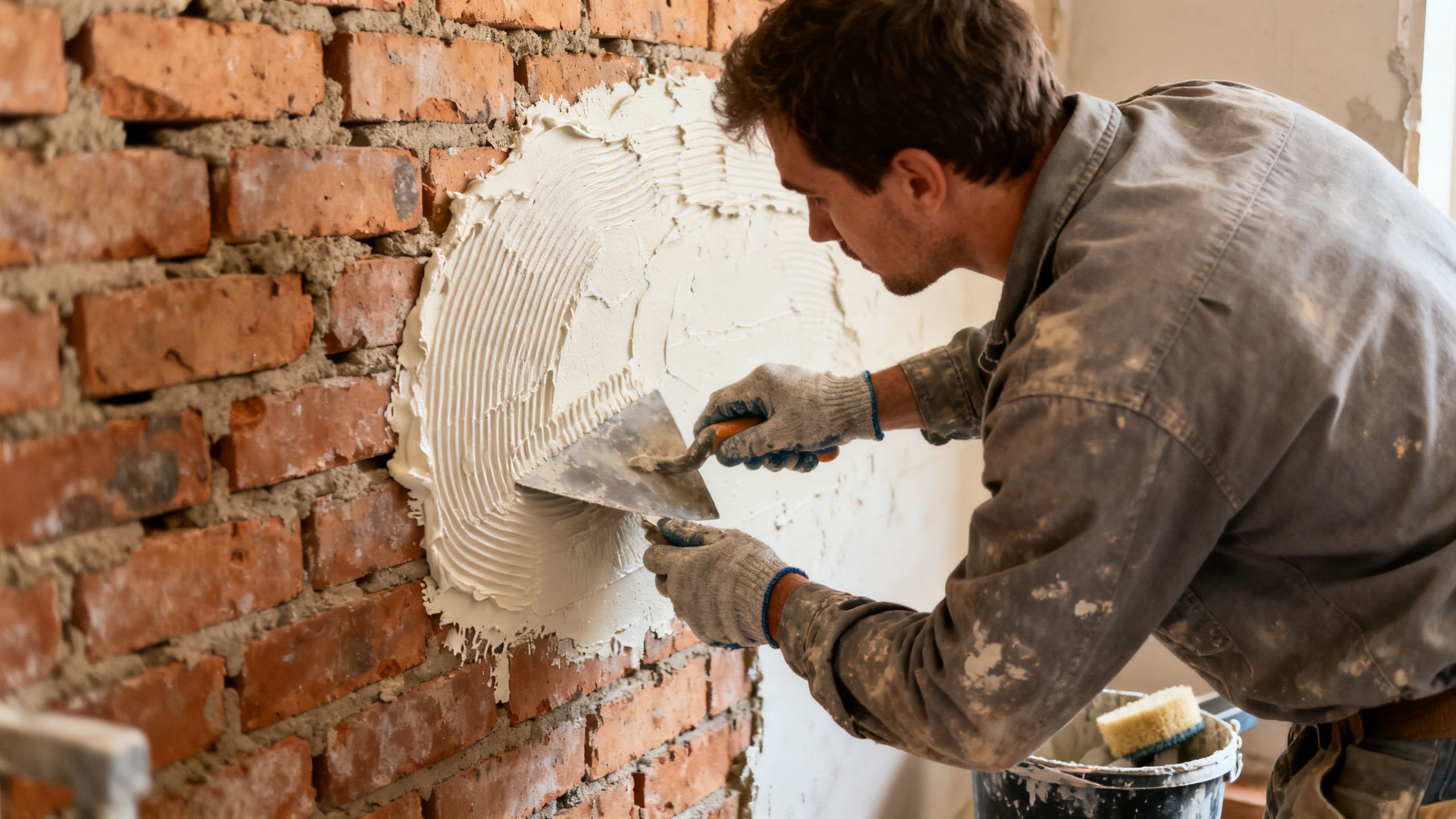 A plasterer applying a backing coat to bare brickwork before the final skim layer