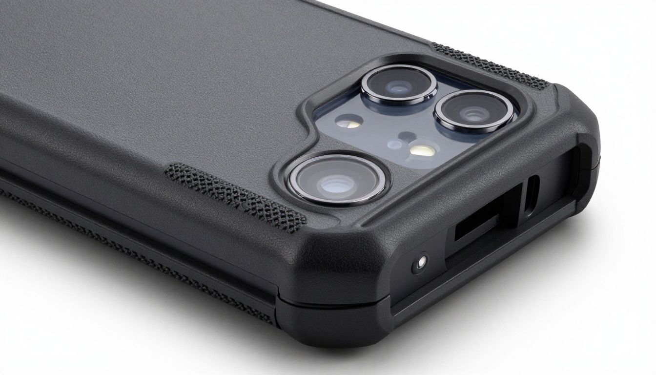 Close-up shot of a heavy-duty Galaxy S25 Edge case, highlighting the reinforced corners and textured, non-slip grip on the side.