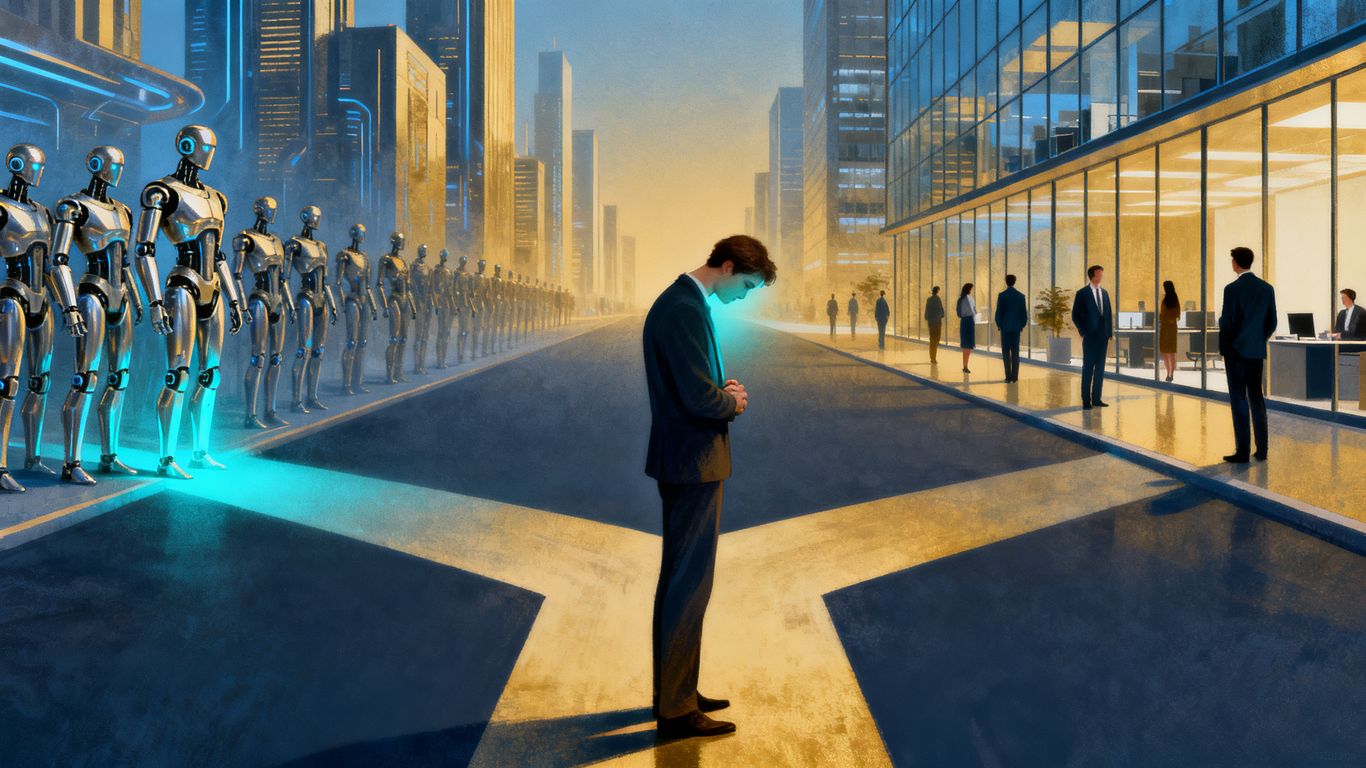 Person at crossroads between human and AI jobs.