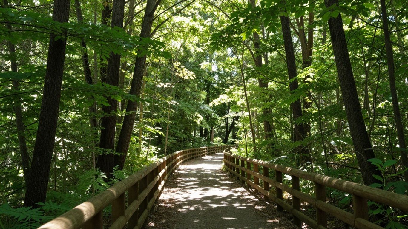 Forest path with a wooden fence.