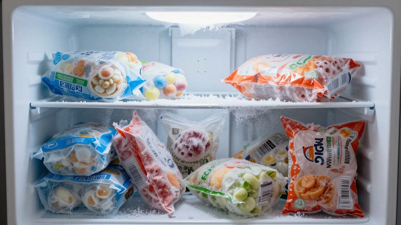 Congélateur ouvert avec aliments partiellement décongelés.