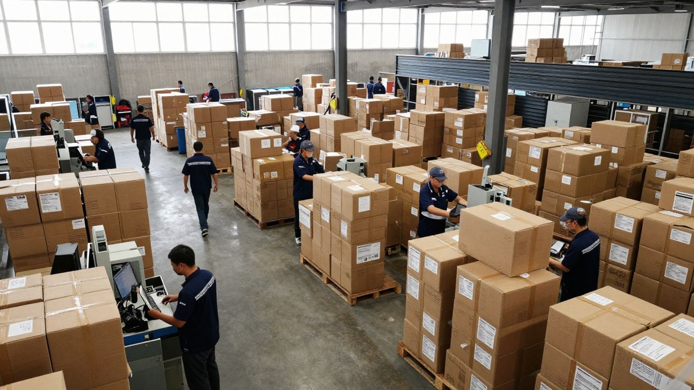 Distribution center workers and operations in action.