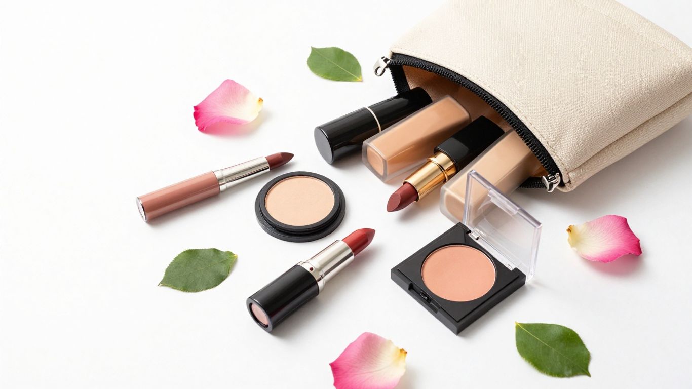 Cosmetic products with leaves and petals on white background.