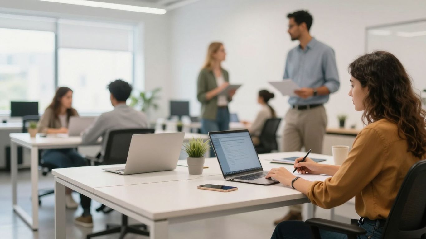 A diverse team working in an open office space