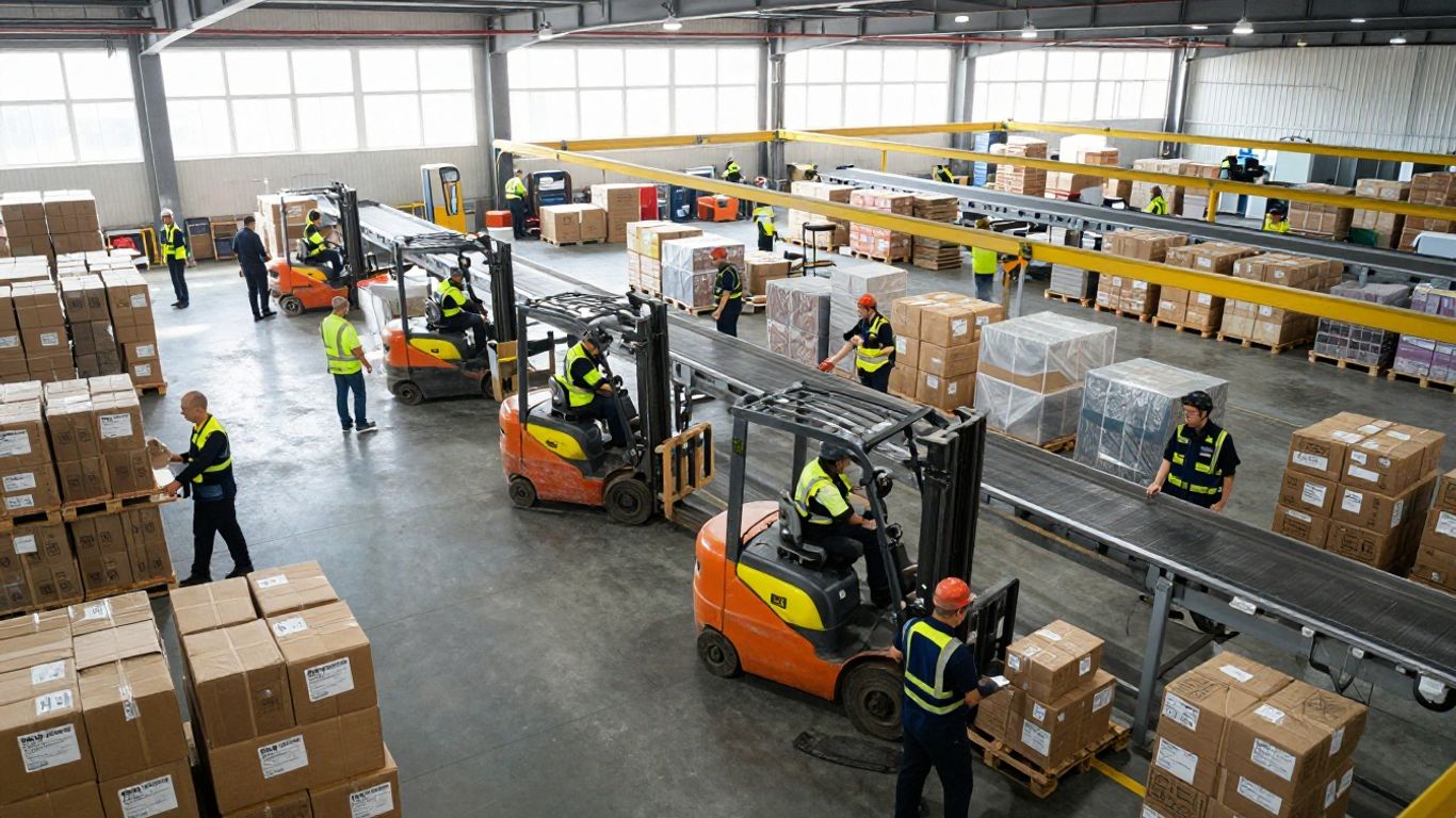 Distribution center workers and operations teams in action.