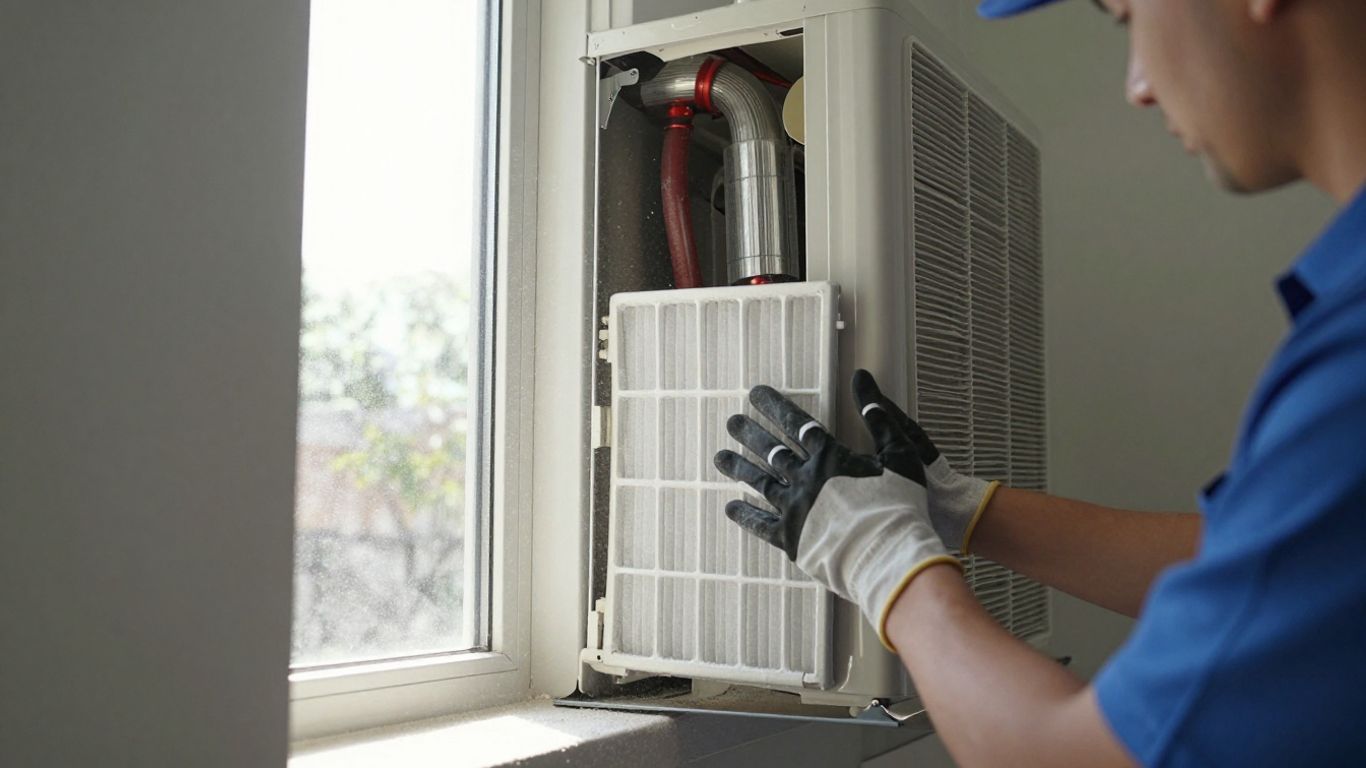 Residential HVAC unit and technician performing maintenance.