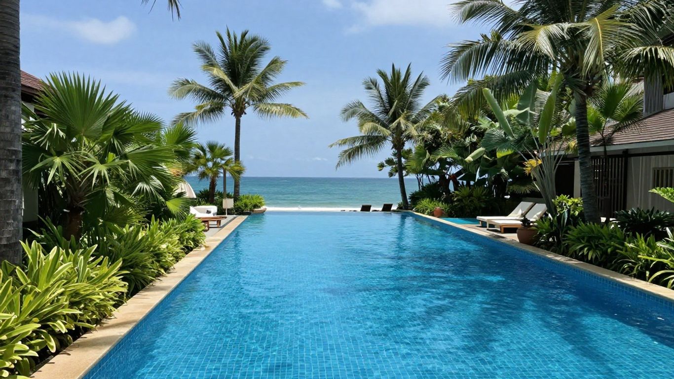 Luxury swimming pool in a tropical Phuket resort.