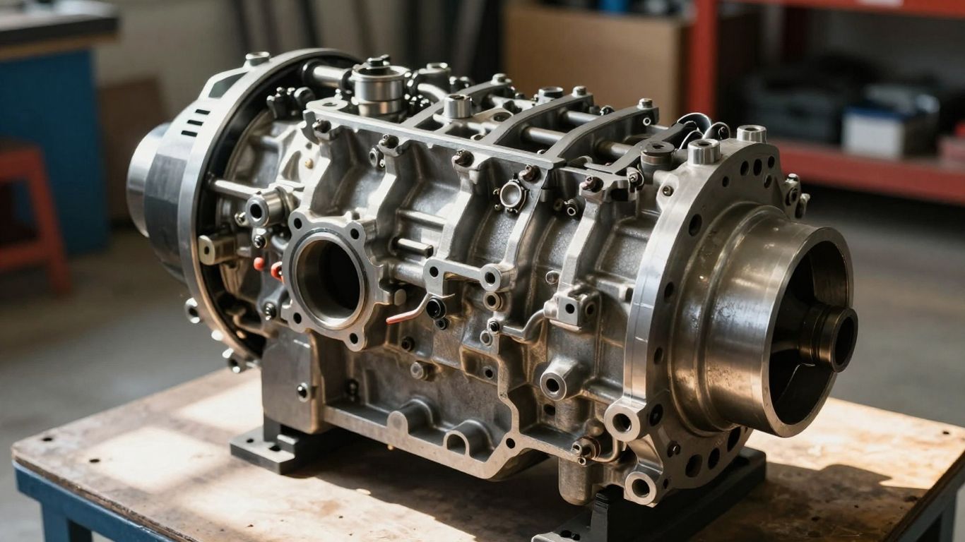 Reconditioned engine in a workshop, ready for delivery.