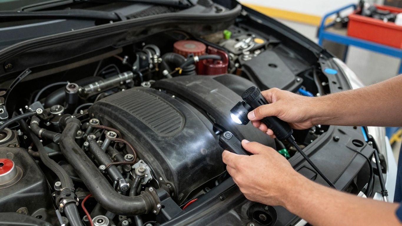 Mechanic inspecting an engine bay
